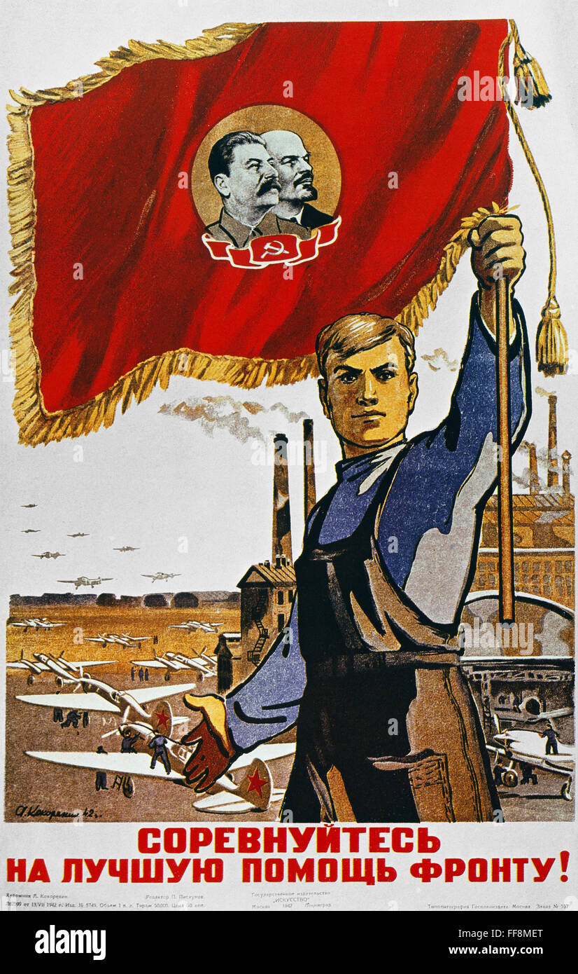 WWII: RUSSIAN POSTER, 1942. /n'Follow This Worker's Example/Produce More for the Front.' Soviet World War II poster, 1942. Stock Photo