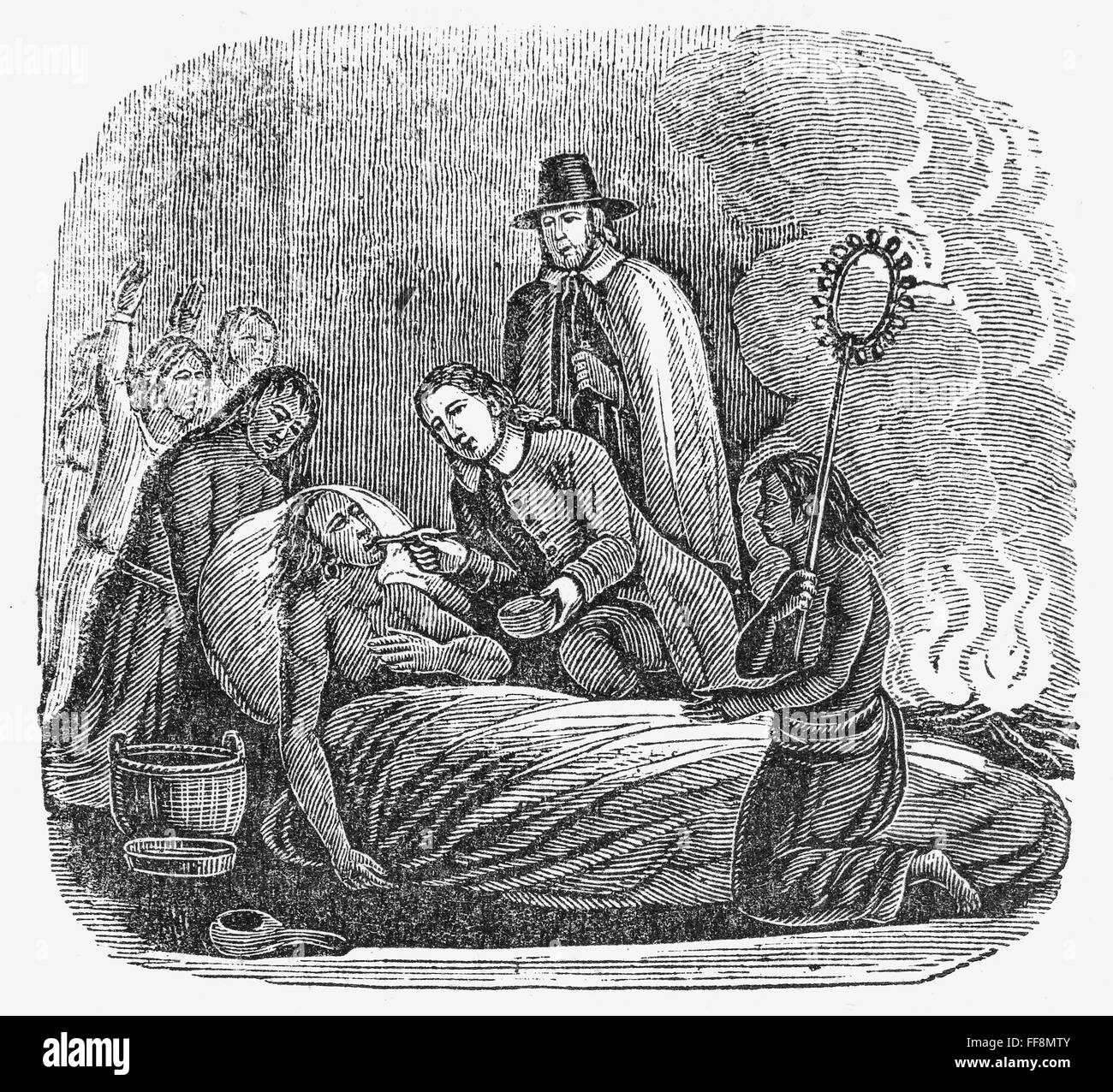PLYMOUTH: MASSASOIT, 1623. /nEdward Winslow and John Hambden of Plymouth Colony nursing Massasoit on his sickbed, 1623. Wood engraving, 1853. Stock Photo