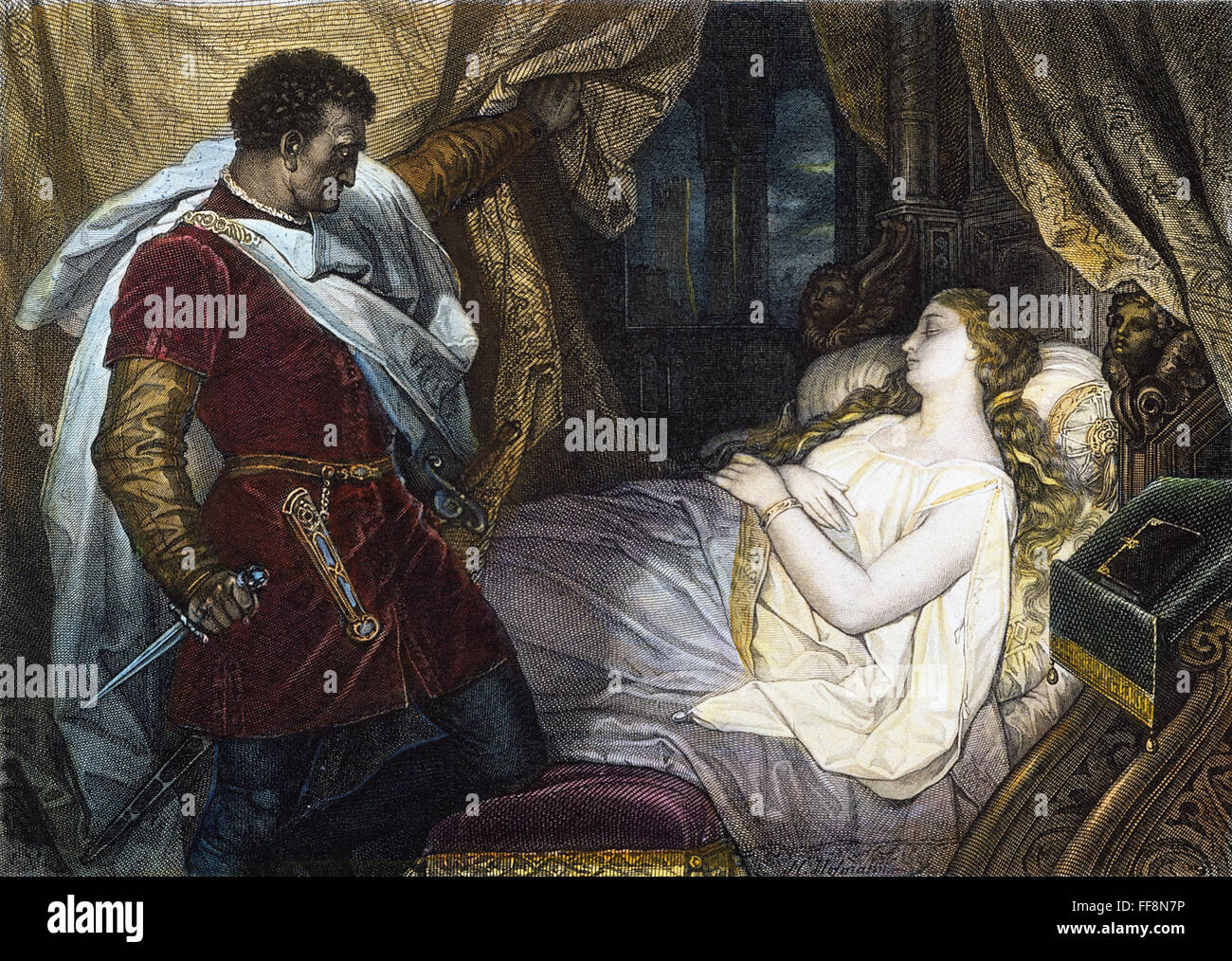 OTHELLO, 19th CENTURY. /nOthello, in a jealous frenzy aroused by Iago, prepares to murder his wife Desdemona in her sleep: engraving after Heinrich Hoffman (1824-1902). Stock Photo