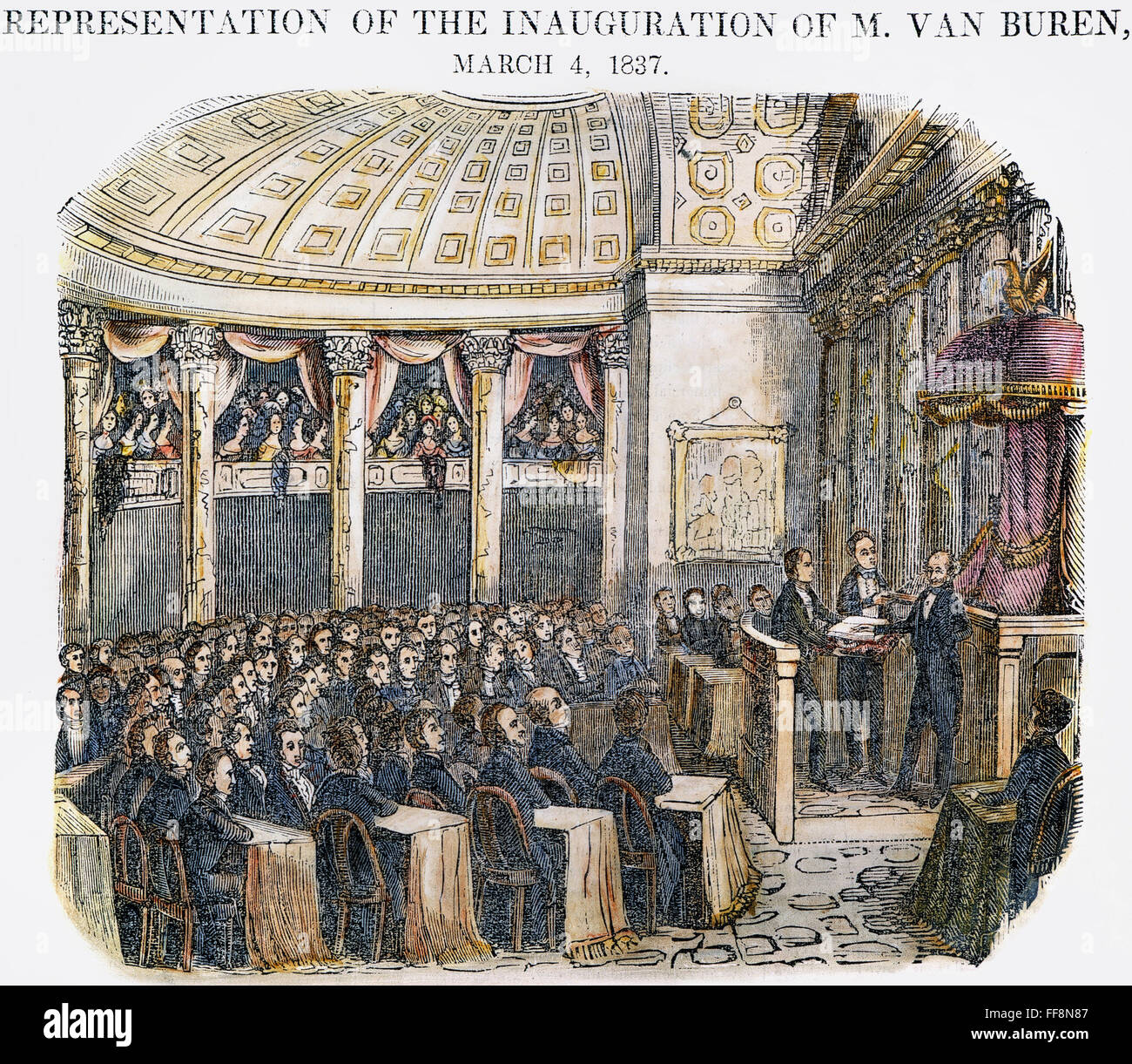 M. VAN BUREN (1837). /nThe inauguration of Martin Van Buren as the 8th president of the United States on 4 March 1837: colored engraving, 1841. Stock Photo