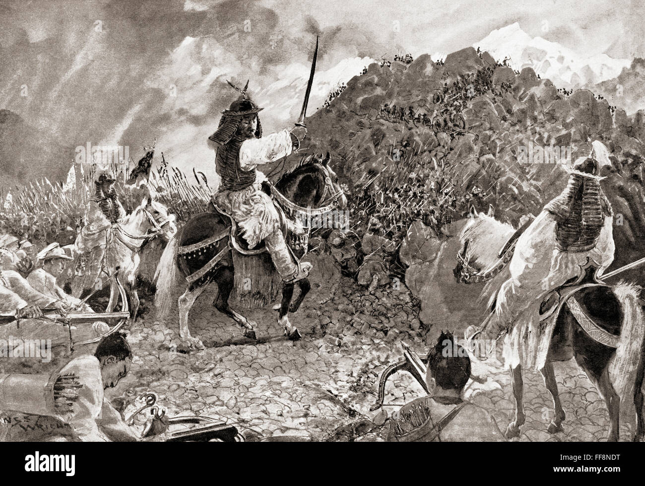Li Ling, a Han Dynasty general, and his army attacking the Huns in 99 BC. He was defeated and defected to the Xiongnu later marrying the daughter of the tribe's  leader. Stock Photo