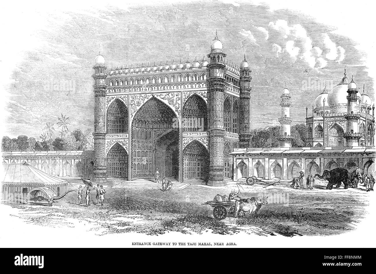 INDIA: TAJ MAHAL, 1857. /nEntrance gateway to the Taj Mahal, near Agra. Line engraving, 1857. Stock Photo
