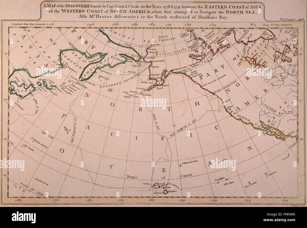 COOK: PACIFIC COAST MAP. /nEnglish map, late 18th century, of Captain James Cook's last voyage of exploration along the Pacific coast of North America in 1778-1779, also showing the recent discoveries of Samuel Hearne near Hudson Bay. Stock Photo