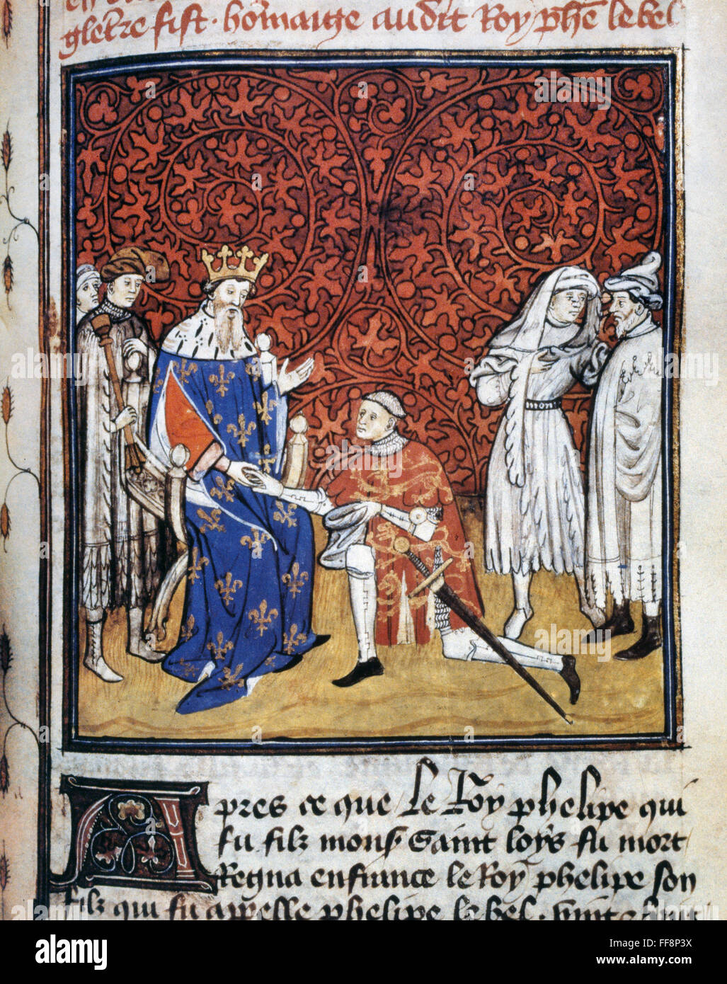 KING PHILIP IV OF FRANCE /n(1268-1314). Known as Philip the Fair. King of France, 1284-1314. The Prince of Wales (later King Edward II of England) paying homage to King Philip IV of France in 1304. French ms. illumination, c1420. Stock Photo