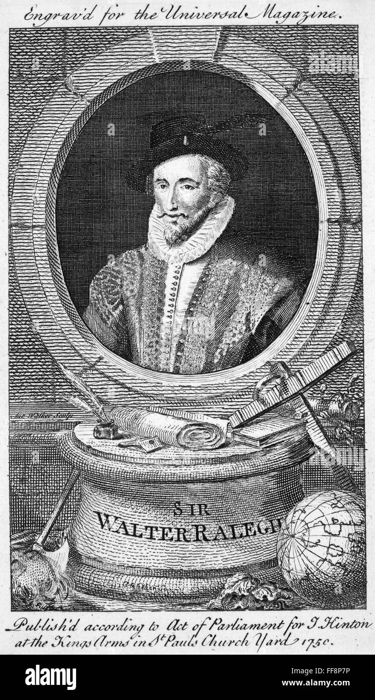 SIR WALTER RALEIGH /n(1552-1618). English adventurer, courtier, and writer. Copper engraving, English, 1750. Stock Photo