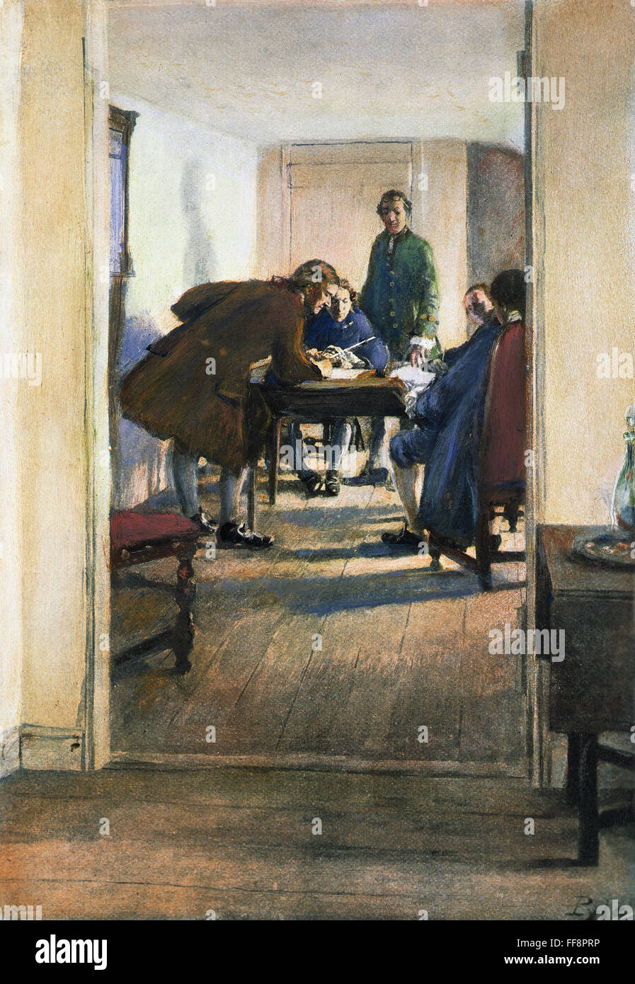 RALEIGH TAVERN, 1773. /nThomas Jefferson, Richard Henry Lee, Patrick Henry, and Francis Lightfoot Lee meeting at Raleigh Tavern, Williamsburg, Virginia, in 1773 to establish the Committee of Correspondence. Illustration by Howard Pyle, 1896. Stock Photo