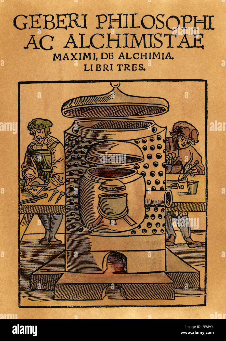 ALCHEMISTS, 1529. /nAlchemists at work in a laboratory. Title page from the Arab scholar Geber's (or Jabir) three volume philosophy of alchemy, 8th century, printed in 1529 at Strassburg, Germany. Stock Photo
