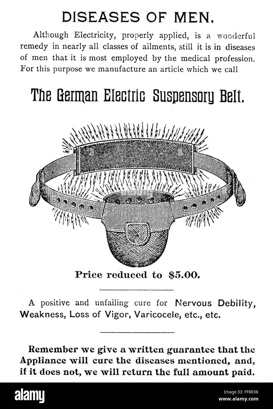 PATENT MEDICINE PAMPHLET. /nPage from a 19th century American pamphlet advertising the German Electric Suspensory Belt as a cure for 'nervous debility' and 'loss of vigor,' discreet terms for impotence. Stock Photo