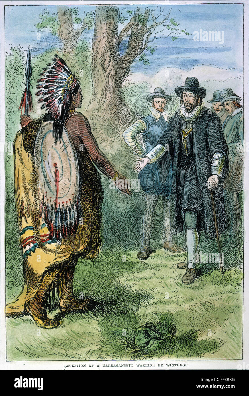 GOVERNOR JOHN WINTHROP /nof the Massachusetts Bay Colony meeting with a Narragansett Native American warrior, c1631. Wood engraving, c19th century. Stock Photo