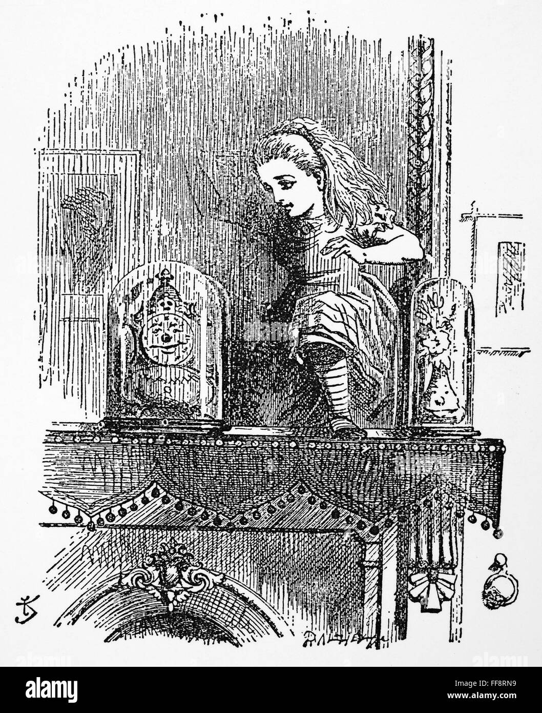 CARROLL: LOOKING GLASS. /nAlice entering the Looking-Glass. Illustration by John Tenniel from the first edition of Lewis Carroll's 'Through the Looking Glass,' 1872. Stock Photo