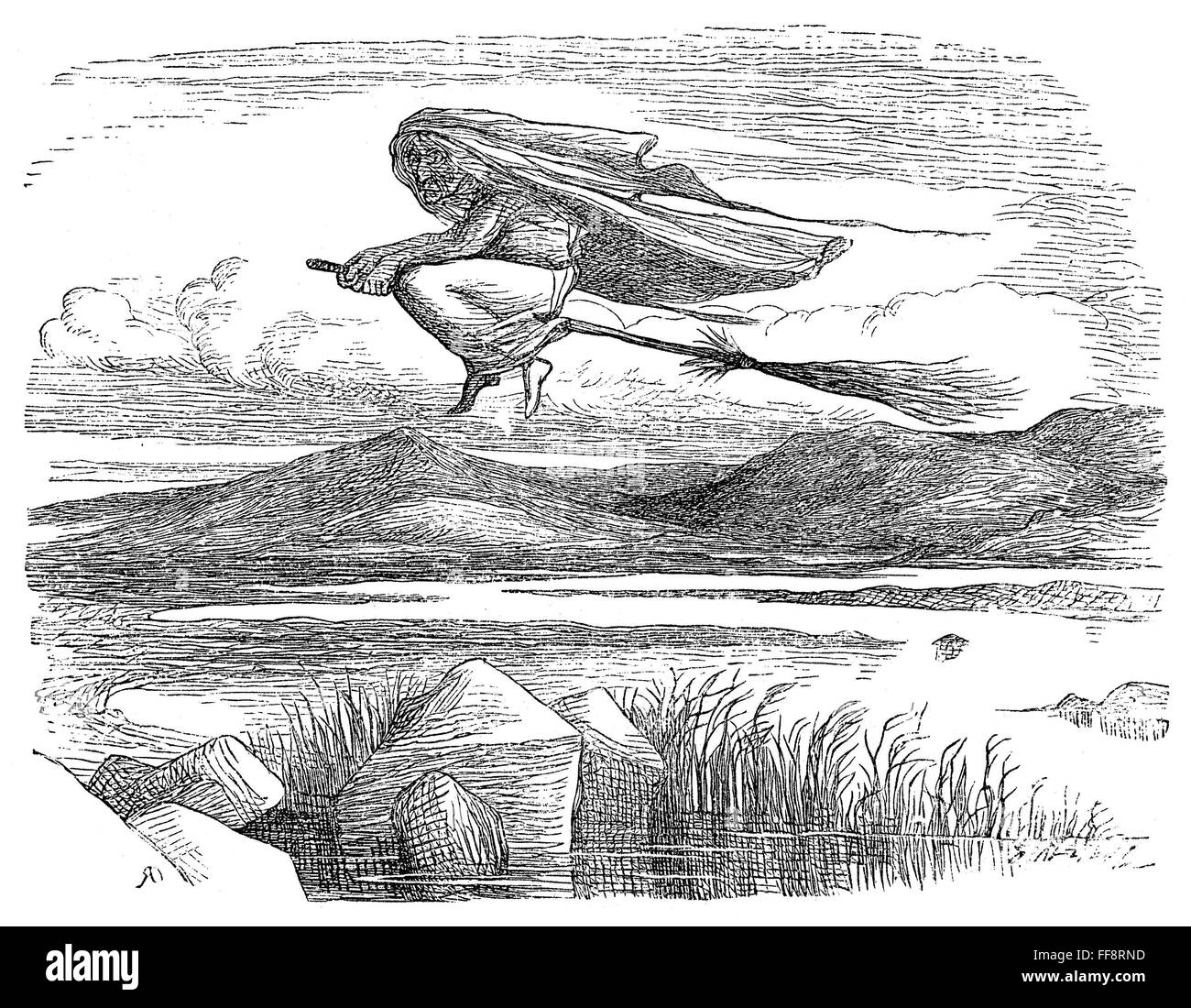 WITCH FLYING ON BROOMSTICK. /nWood engraving, English, 19th century. Stock Photo