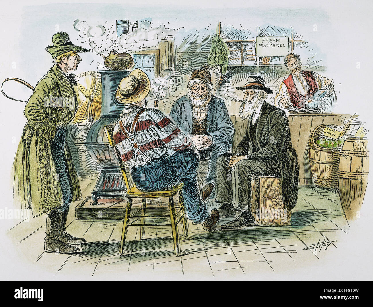 COUNTRY STORE, 1894. /nTownsfolk gathered around the woodstove of a country store. American cartoon, 1894. Stock Photo