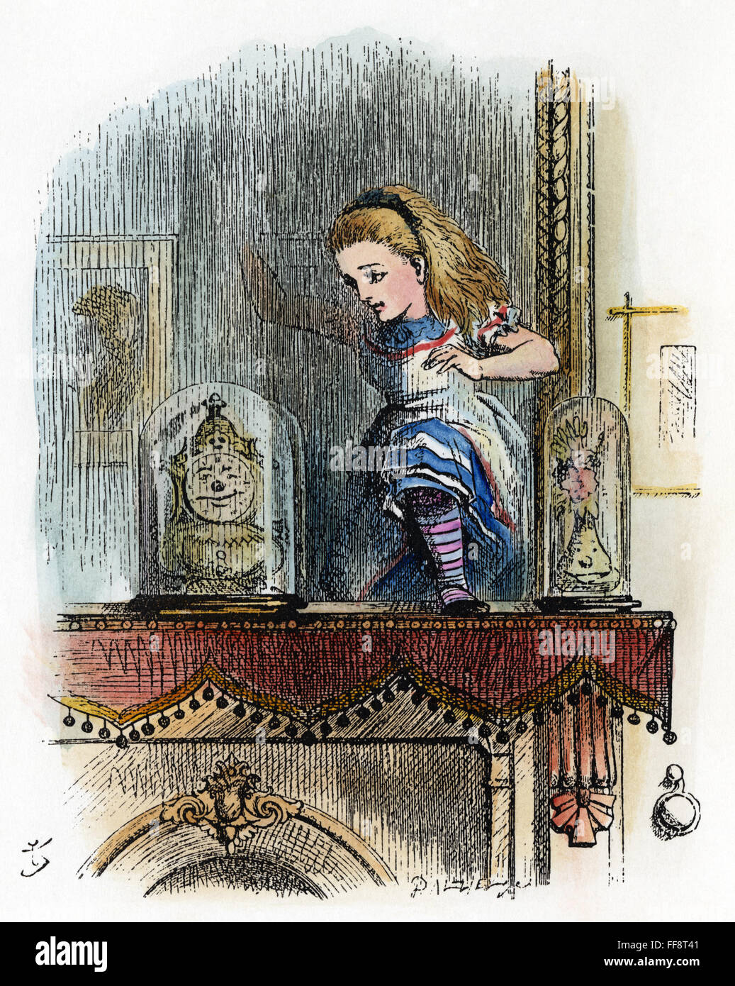 DODGSON: LOOKING GLASS. /n'In another moment Alice was through the glass, and had jumped lightly down into the Looking-glass room.' After the design by Sir John Tenniel for the first edition, 1872, of Lewis Carroll's 'Through the Looking Glass.' Stock Photo