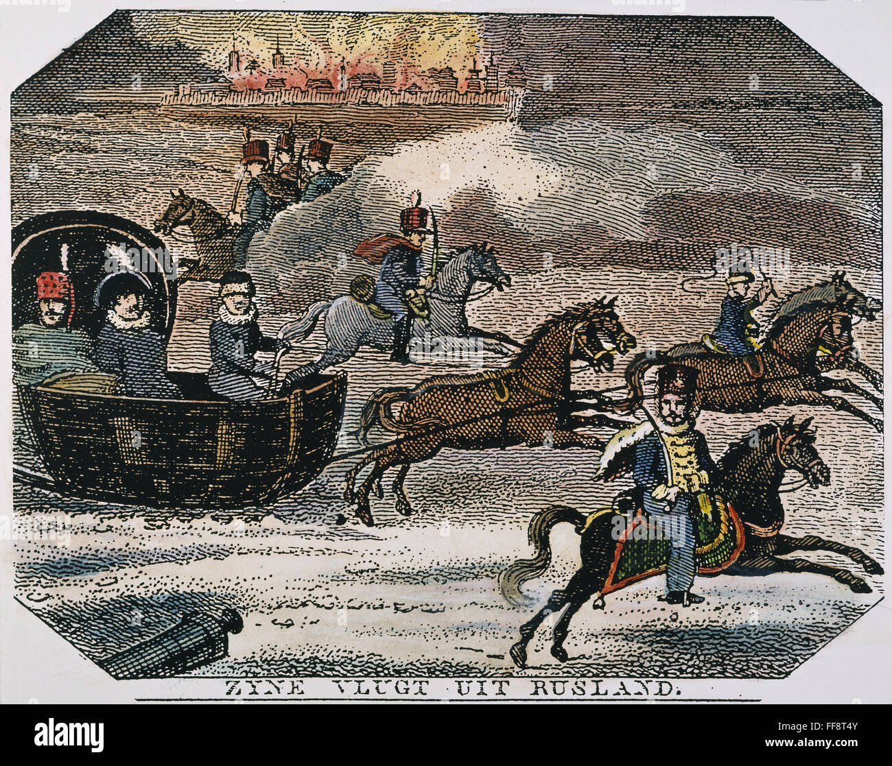 NAPOLEON I LEAVING RUSSIA. /nNapoleon I's retreat from Russia, 1812. Contempoary Dutch copper enraving. Stock Photo