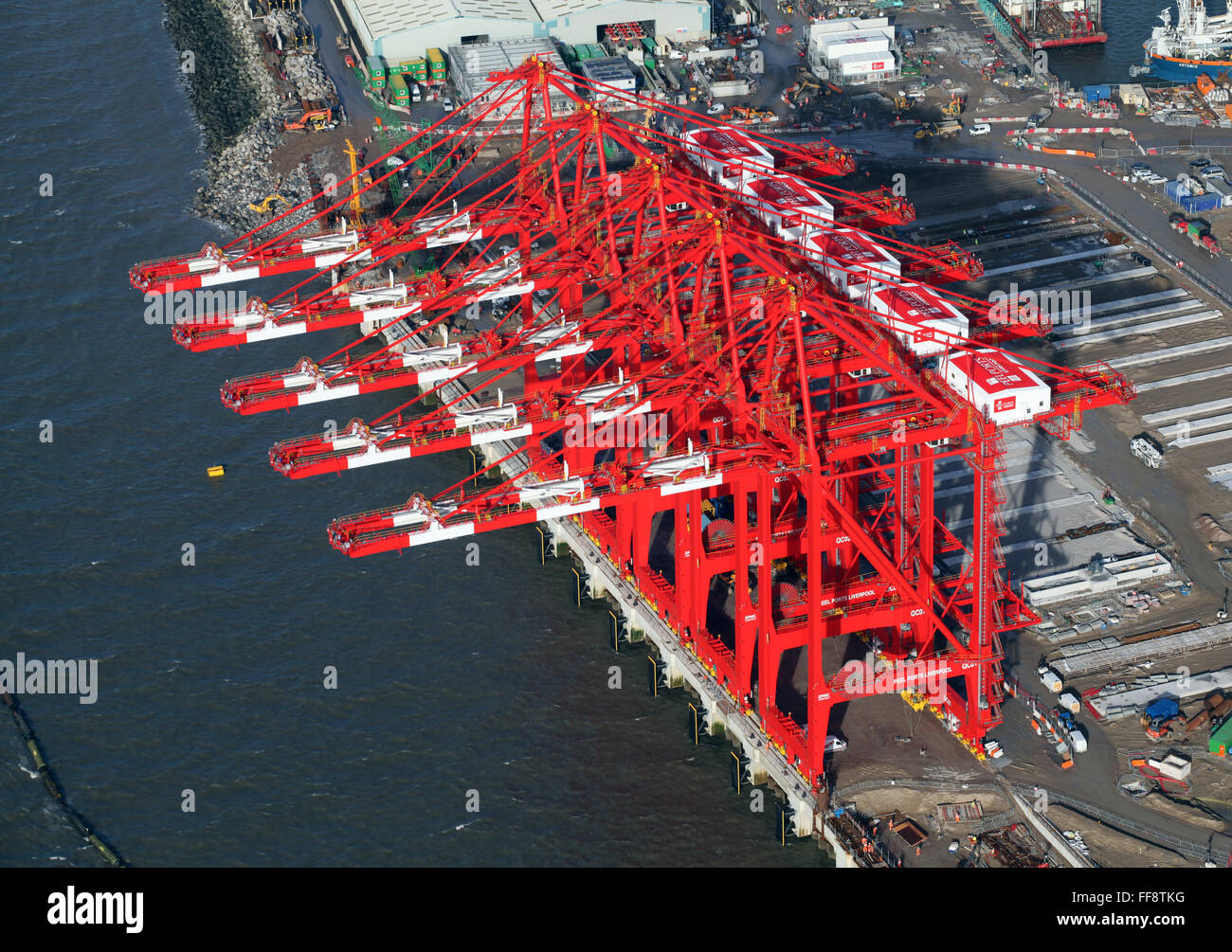 aerial view of 'Mersey Gateway' red cranes at Seaforth Dock, Liverpool, UK Stock Photo