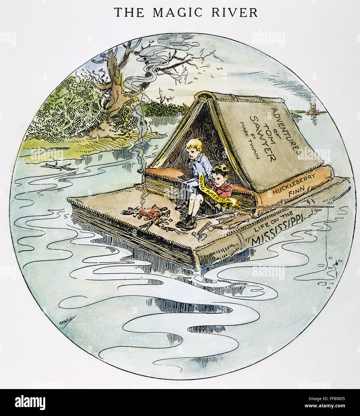 CLEMENS: TOM & HUCK, 1910. /nSamuel Clemens' creations, Tom Sawyer and Huckleberry Finn, floating down the Mississippi on a literary raft. Cartoon by Luther D. Bradley on the occasion of Clemens' death, 21 April 1910. Stock Photo