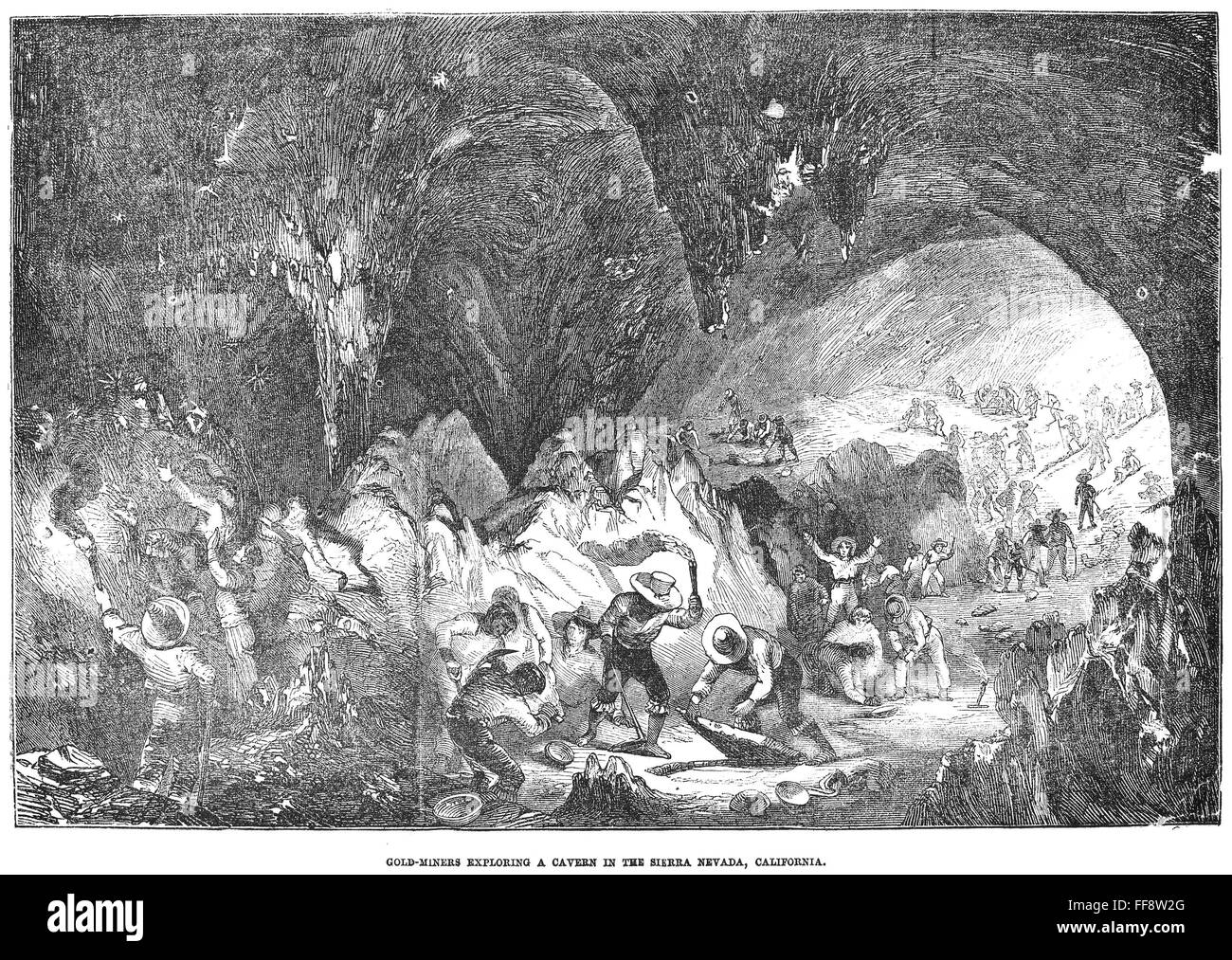 CALIFORNIA GOLD RUSH, 1859. /nGold miners exploring a cavern in the