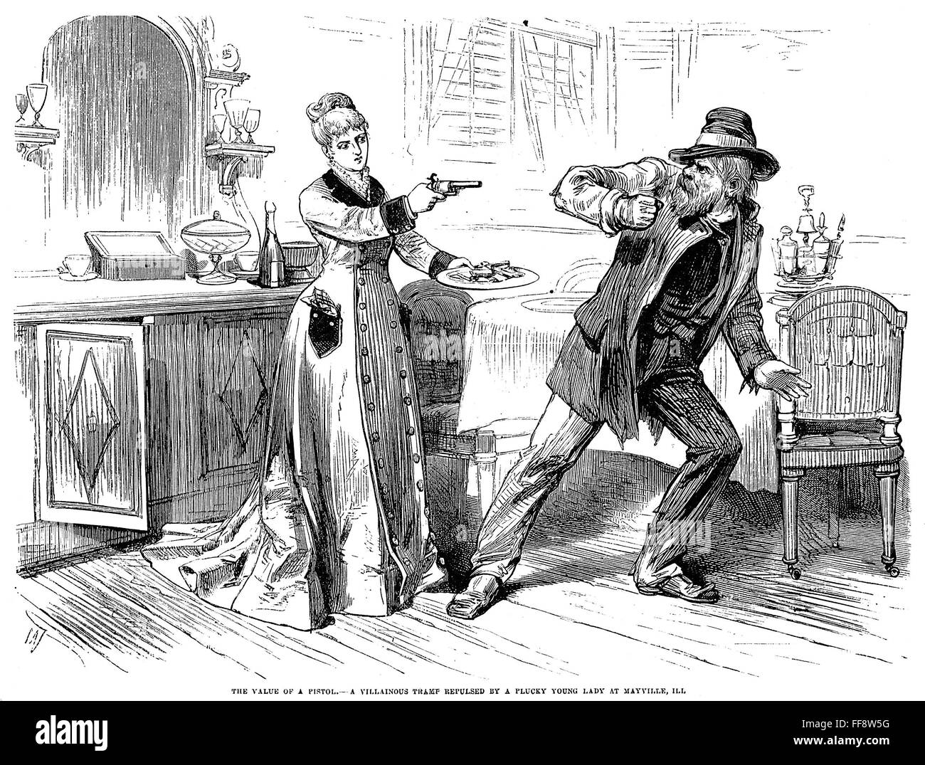 WOMAN WITH PISTOL, 1879. /n'The value of a pistol. A villainous tramp ...