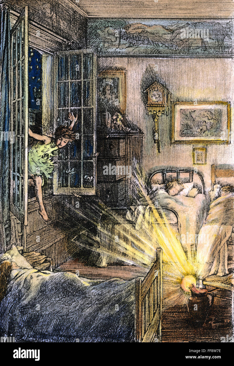 BARRIE: PETER PAN, 1911.  /nPeter flies into the nursery. Drawing by Francis D. Bedford for the 1911 edition of J.M. Barrie's 'Peter Pan.' Stock Photo