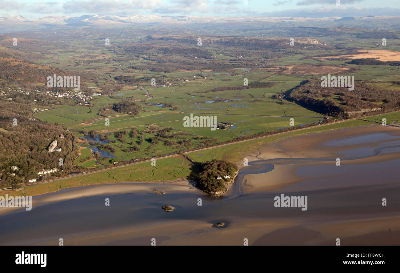 aerial view of Holme Island, Cliff House and Grange-over-Sands Golf Course in south Cumbria, UK Stock Photo