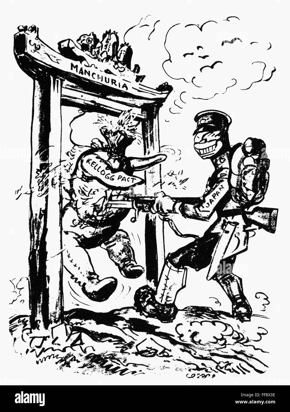 JAPAN: MANCHURIA, 1931. /n'The Open Door.' American cartoon by Oscar Edward Cesare, 1931, on Japan's seizure of Manchuria and disregard for the Kellog-Briand Pact. Stock Photo