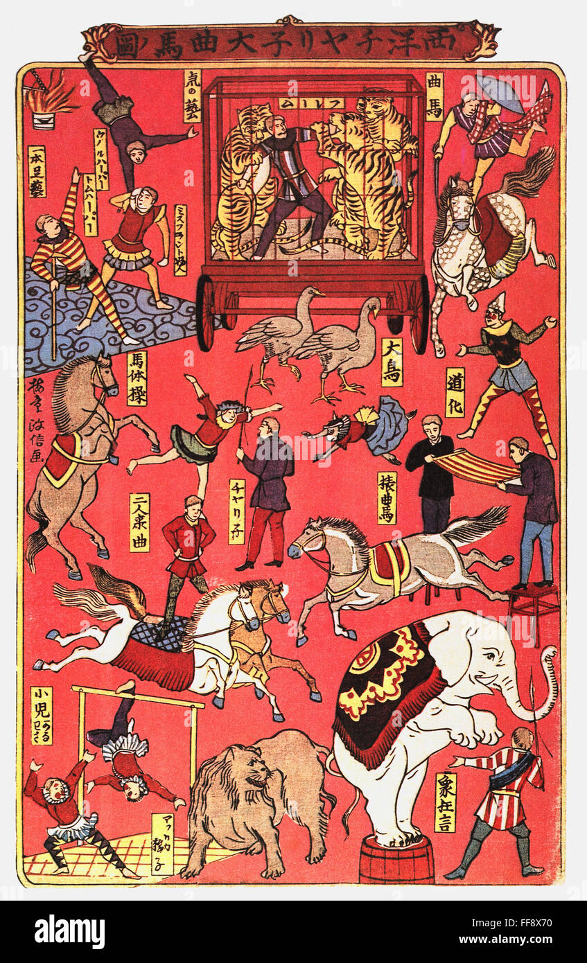 JAPANESE CIRCUS POSTER. /nJapanese woodcut poster, 1886, for the ...