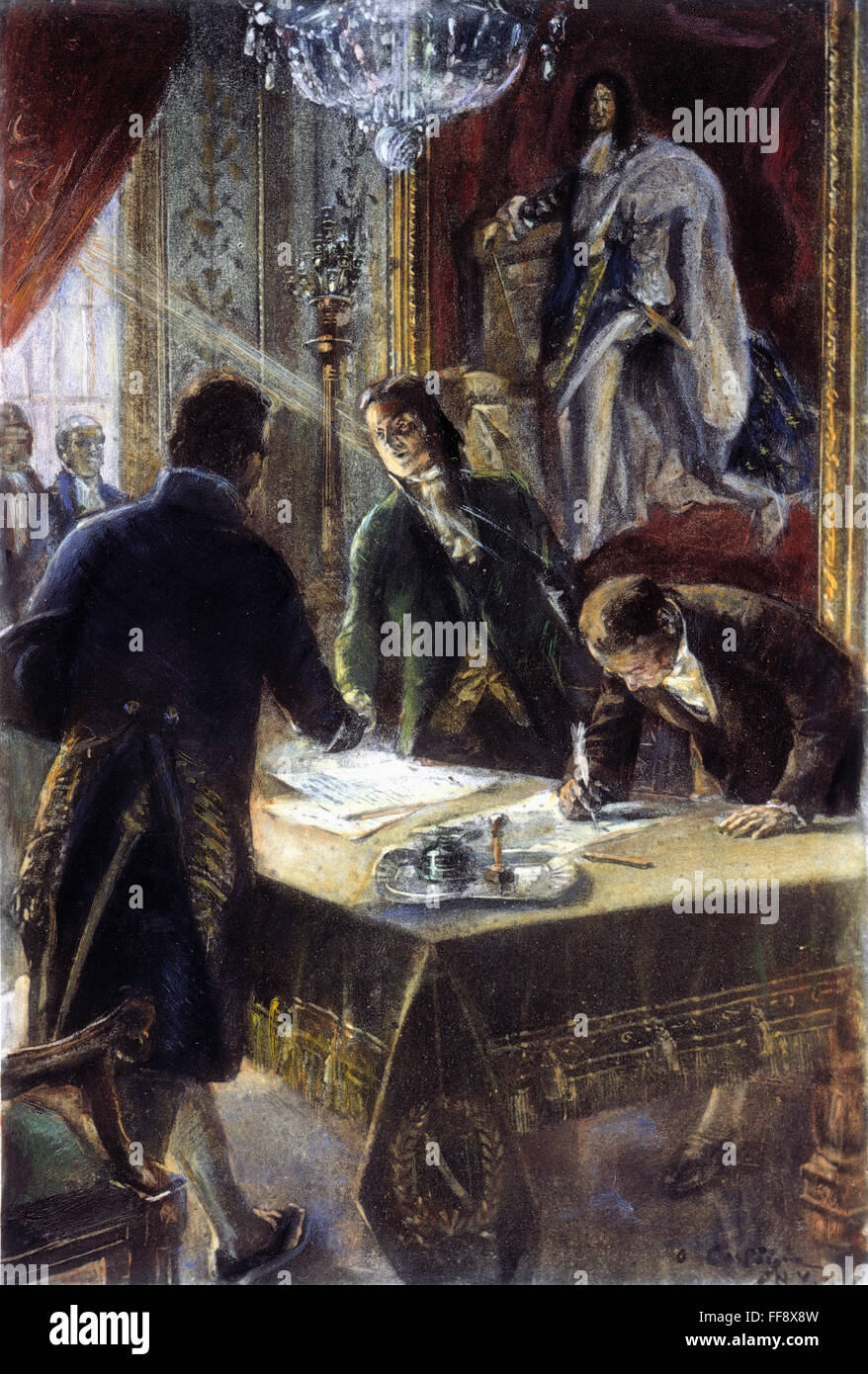 LOUISIANA PURCHASE, 1803. /nThe signing of the Louisiana Purchase by (left to right) Marquis Franτois de Barbe-Marbois, Robert Livingston, and James Monroe in Paris, 30 April 1803. Line engraving, 1904, after a drawing by AndrΘ Castaigne. Stock Photo