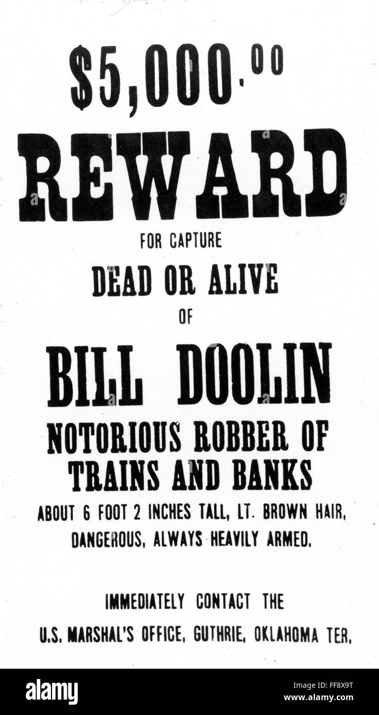 REWARD POSTER. /nA wanted poster issued after the Doolin Gang held up a Rock Island train near Dover, Oklahoma, in May 1895. Stock Photo