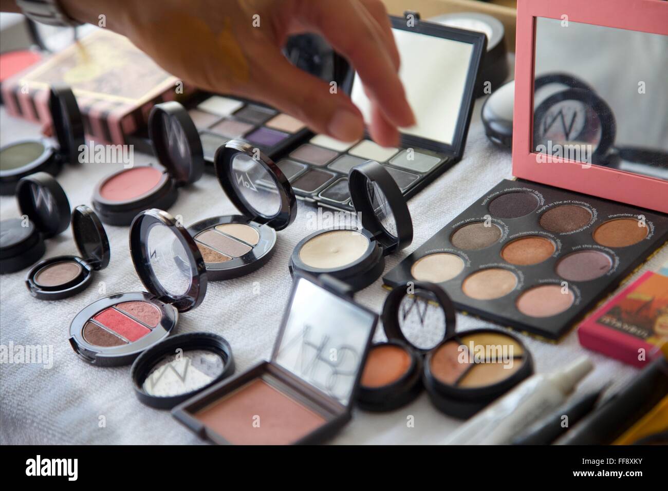 A close up of a make up table Stock Photo