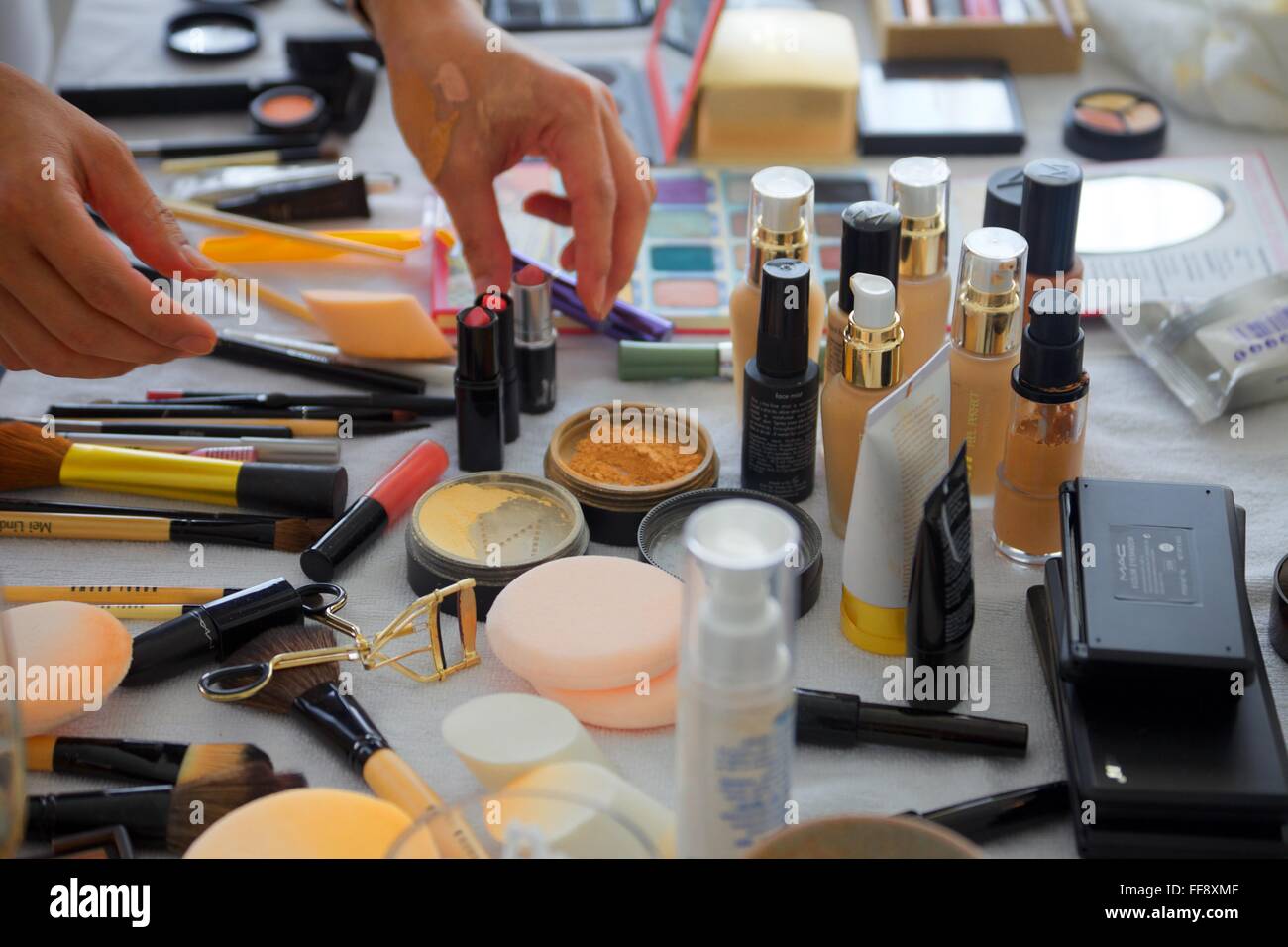 A close up of a make up table Stock Photo