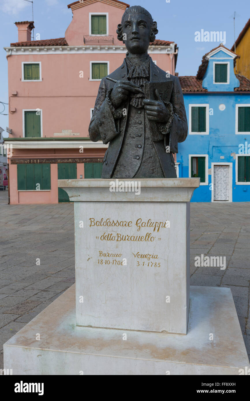 Statue of Baldassare Galuppi in the town square in Burano Italy Stock Photo