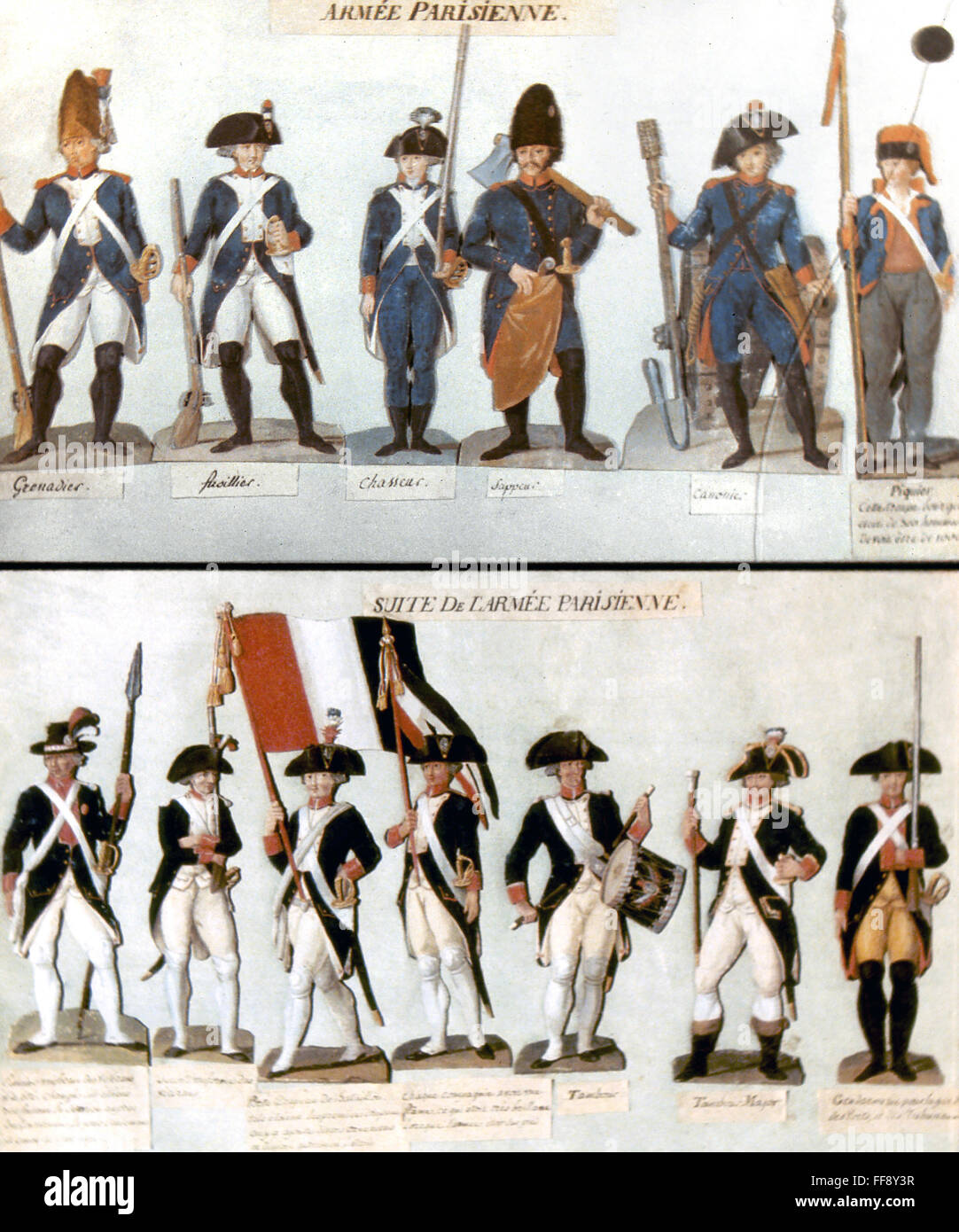 FRENCH REVOLUTION, 1792. /nThe men and uniforms of the Paris National Guard. Gouache by Pierre-Etienne Le Sueur and his brother, c1792. Stock Photo