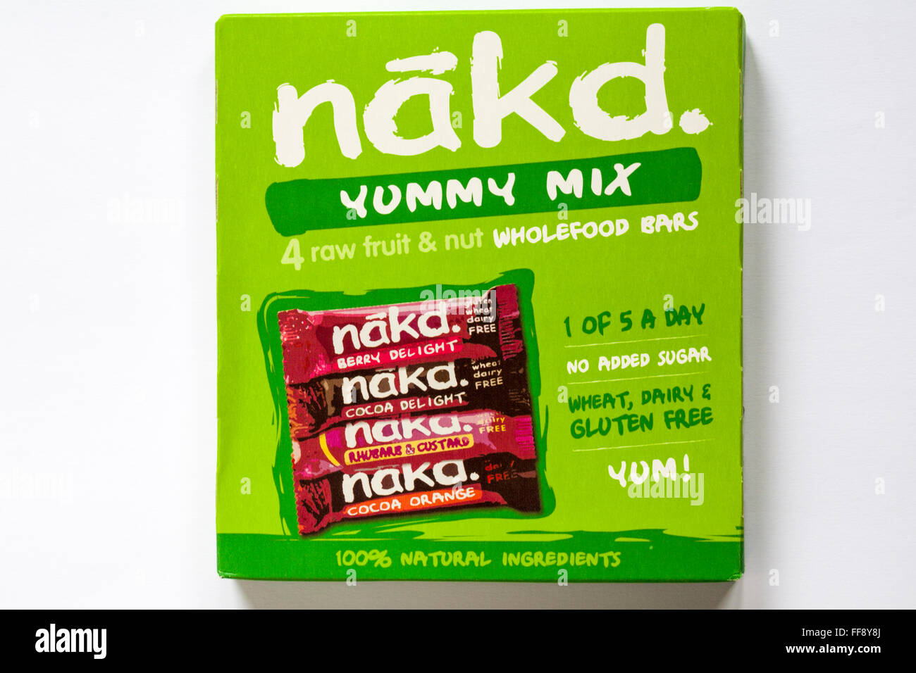 box of Nakd yummy mix gluten wheat dairy free raw fruit & nut wholefood bars isolated on white background - 100% natural ingredients, 1 of 5 a day Stock Photo