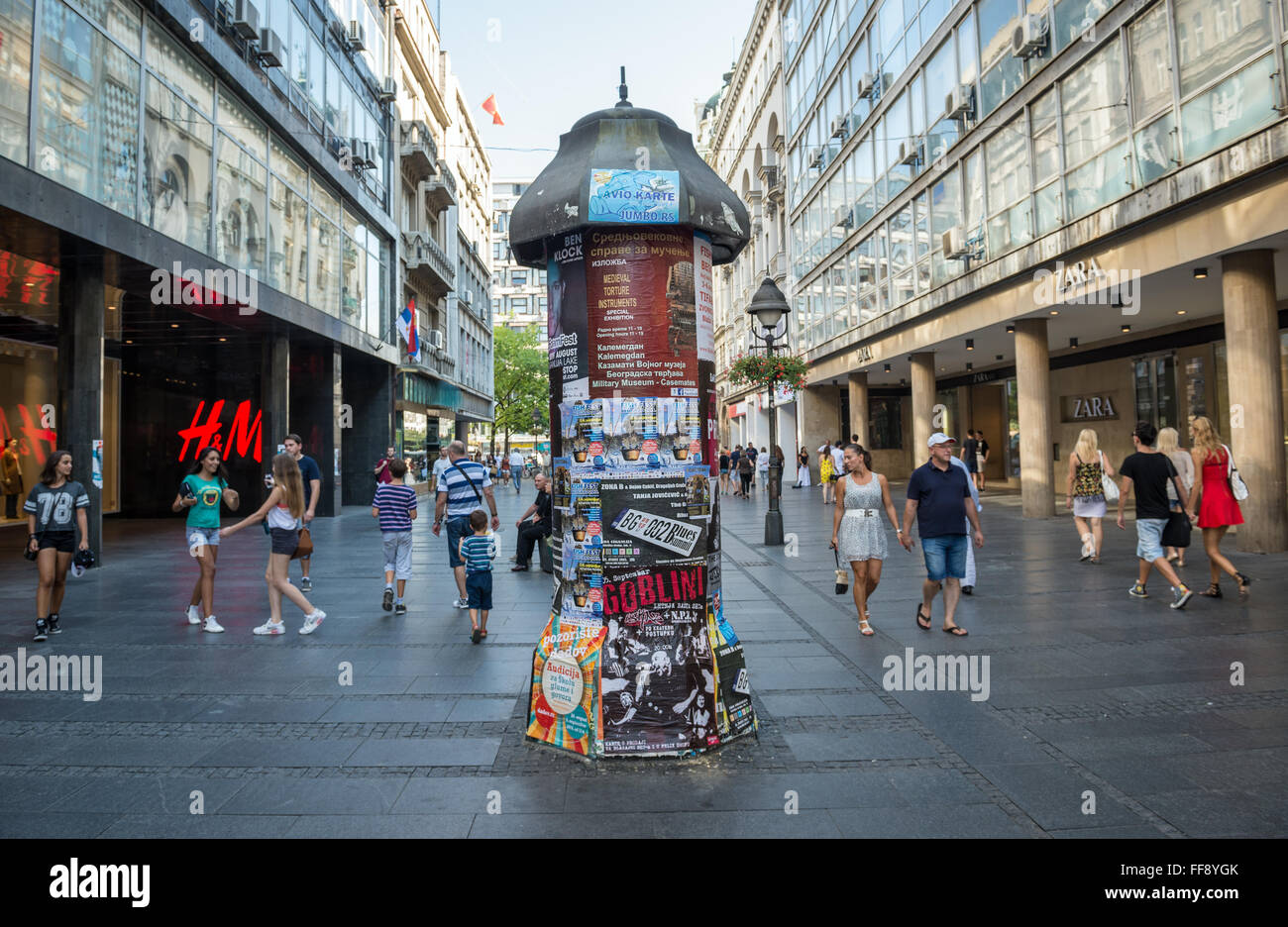 old poster pillar at Knez Mihailova (Prince Michael) Street in Belgrade, Serbia Stock Photo