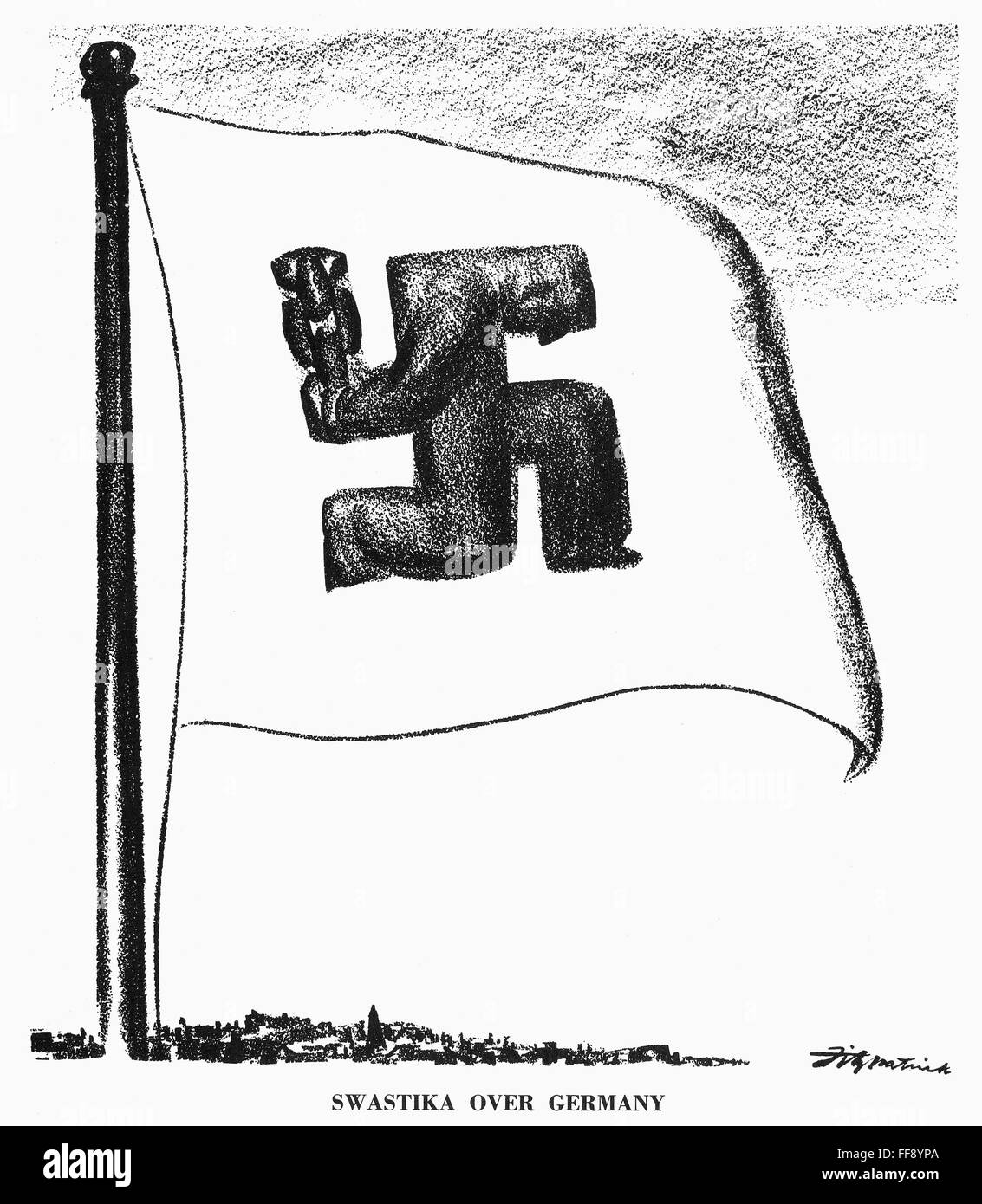 GERMANY, 1935. /n'Swastika over Germany.' American cartoon by D.R. Fitzpatrick, 1935, on the increasingly grim life in Germany under the National Socialist (Nazi) party and Adolf Hitler's totalitarian dictatorship. Stock Photo