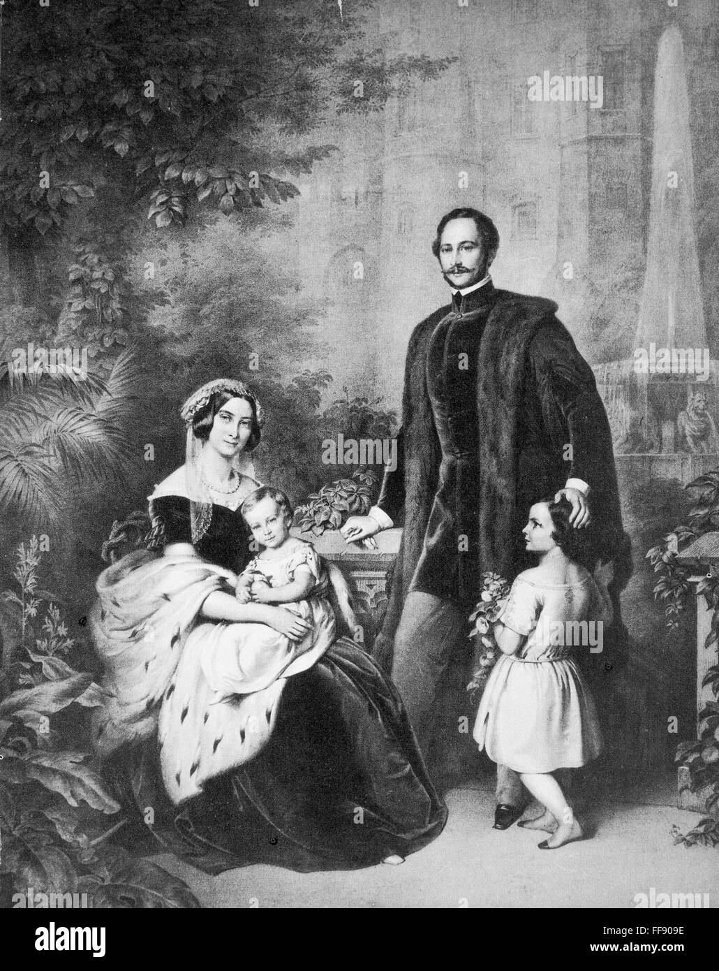 MAXIMILIAN II (1811-1864). /nKing of Bavaria, 1848-64. King Maximilian and  Queen Marie at Hohenschwangau with their sons, Crown Prince Louis (later  Louis II of Bavaria) and the infant Prince Otto (who would