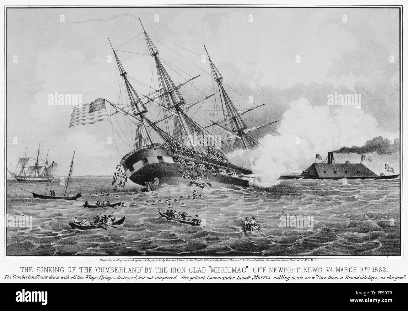 CIVIL WAR: MERRIMAC (1862). /nThe sinking of the U.S.S. Cumberland by the Merrimac (C.S.S. Virginia), March 8, 1862. Stock Photo