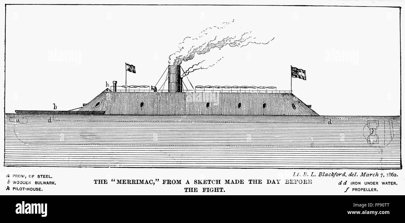 CONFEDERATE IRONCLAD, 1862. /nSide elevation of the Confederate ironclad CSS 'Virginia,' formerly the forty-gun screw frigate USS 'Merrimack.' Line engraving after a drawing of 1862. Stock Photo