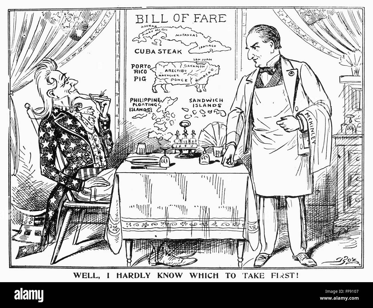 IMPERIALISM CARTOON, c1900. /n'Well, I Hardly Know Which To Take First!' American  cartoon comment, c1900, on Uncle Sam's seemingly insatiable imperialist  appetite, as President William McKinley, at right, waits to take the