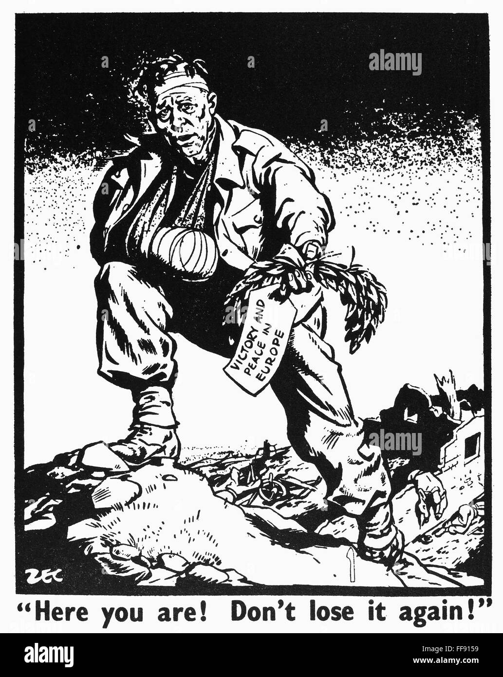 VE DAY CARTOON, 1945. /n'Here You Are! Don't Lose It Again!' British