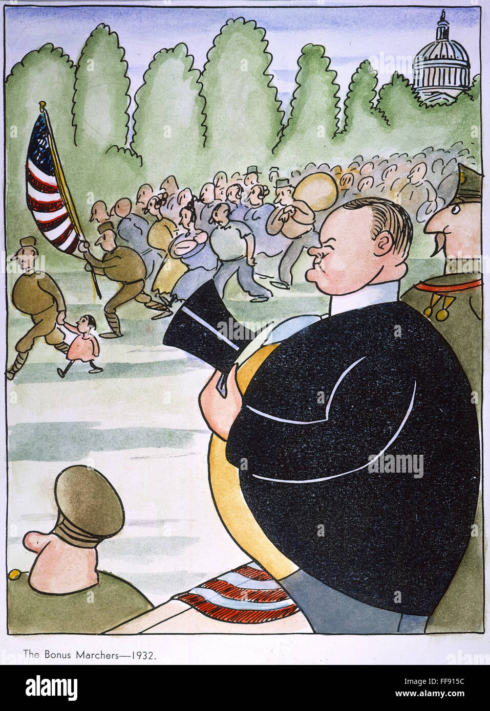 CARTOON: BONUS MARCH, 1932. /nAmerican cartoon, 1932, by Otto Soglow showing President Herbert Hoover watching the Bonus March of World War I veterans at Washington, July 1932. Stock Photo