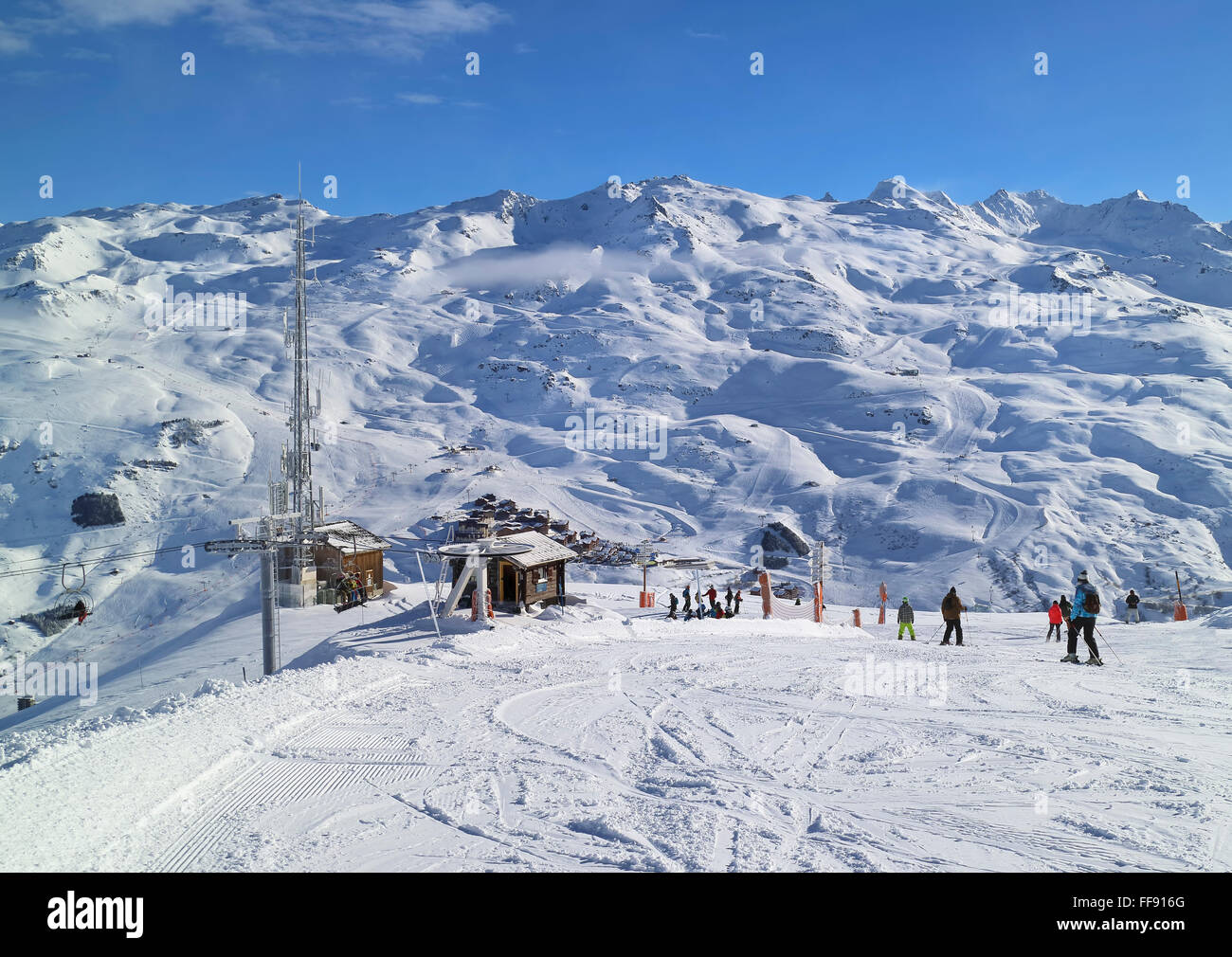 Les Menuires, Alps, France - February 04 2016: People skiing and ...