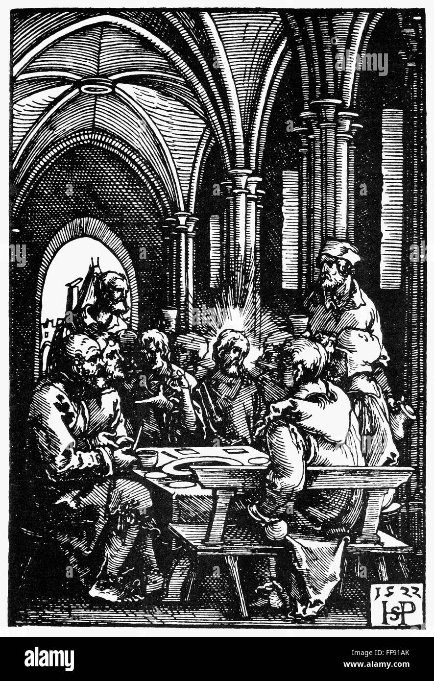 THE LAST SUPPER. /nJesus and his disciples at the Last Supper. Woodcut