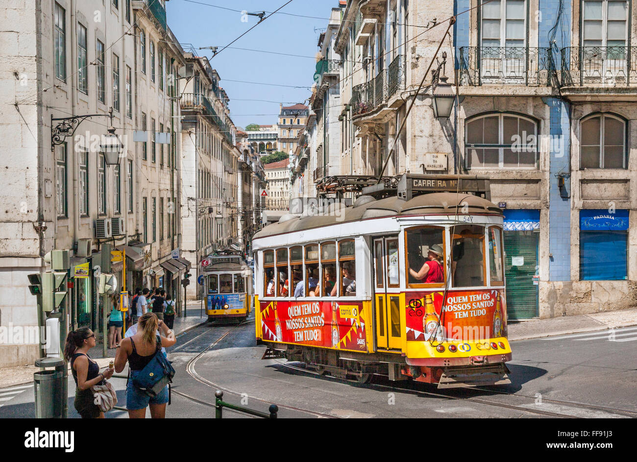 Portugal, Lisbon, Tram 28 at Largo da Madalena in the central Lisbon neighbourhood of Baixa Pombalina Stock Photo