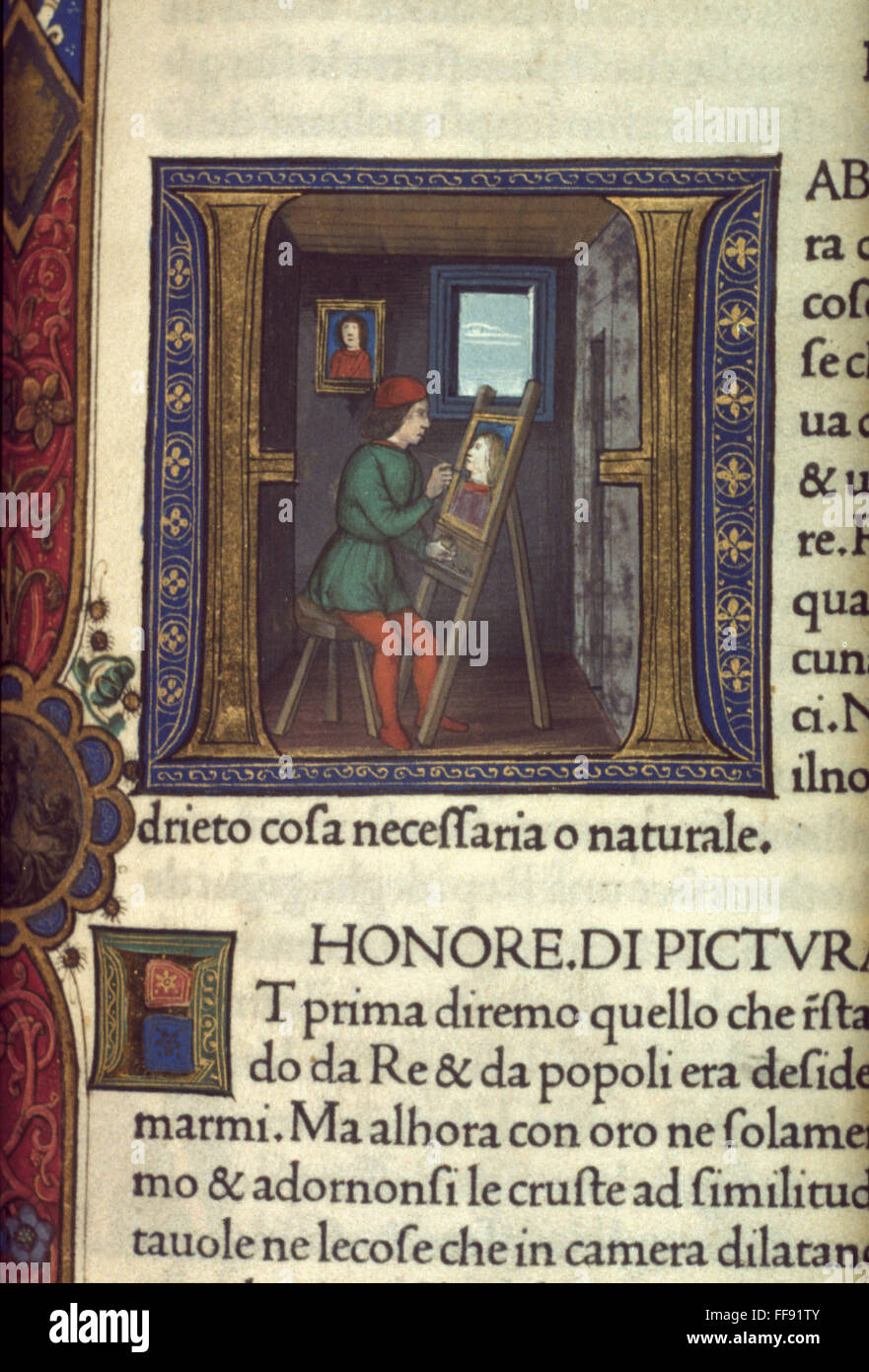 ARTIST PAINTING A PORTRAIT. /nInitial 'H' from Italian illuminated manuscript, 1476. Stock Photo