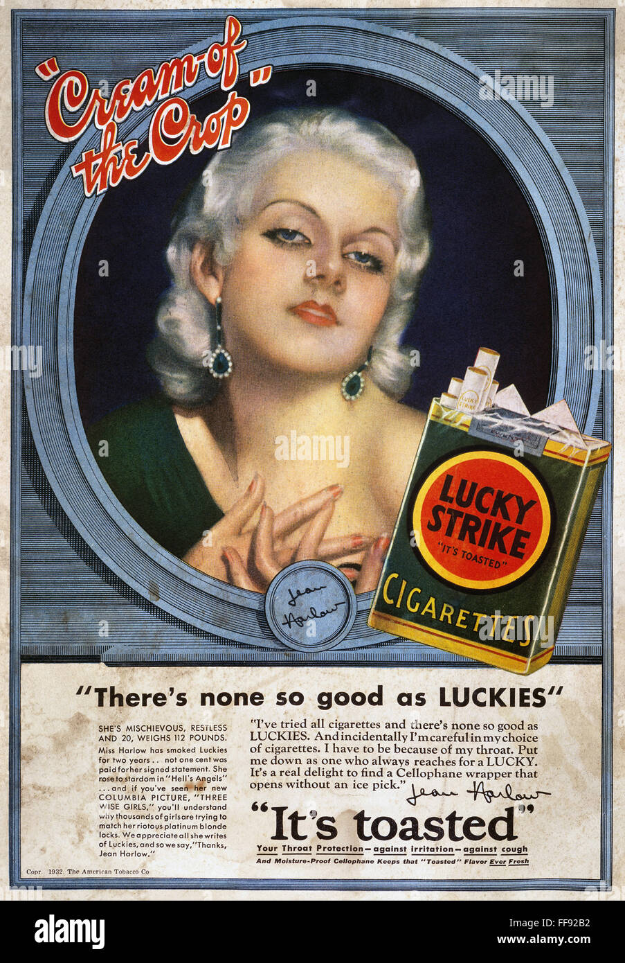 LUCKY STRIKE CIGARETTE AD. /nActress Jean Harlow (1911-1937) endorsing ...