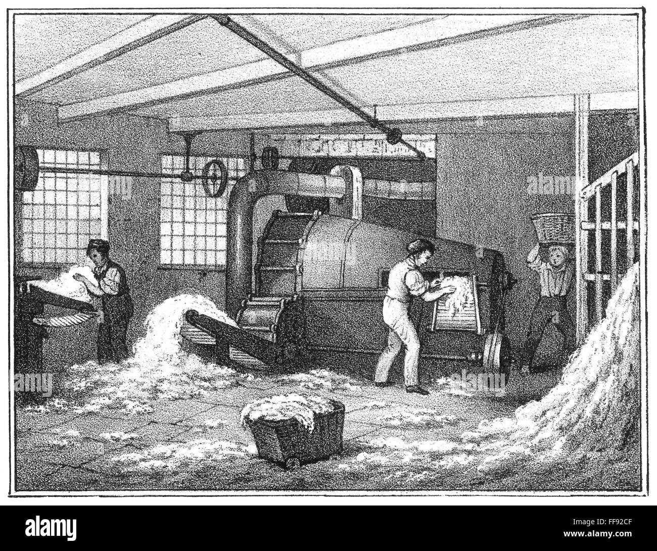 TEXTILE MILL: COTTON. /nBatting: interior view of a Manchester cotton manufactures mill. Lithograph, English, c. 1840. Stock Photo