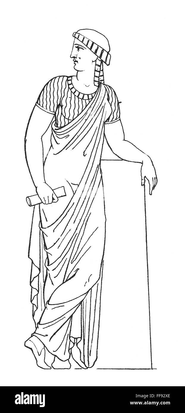 CLIO, MUSE OF HISTORY. /nLine engraving after a Greek relief. Stock Photo
