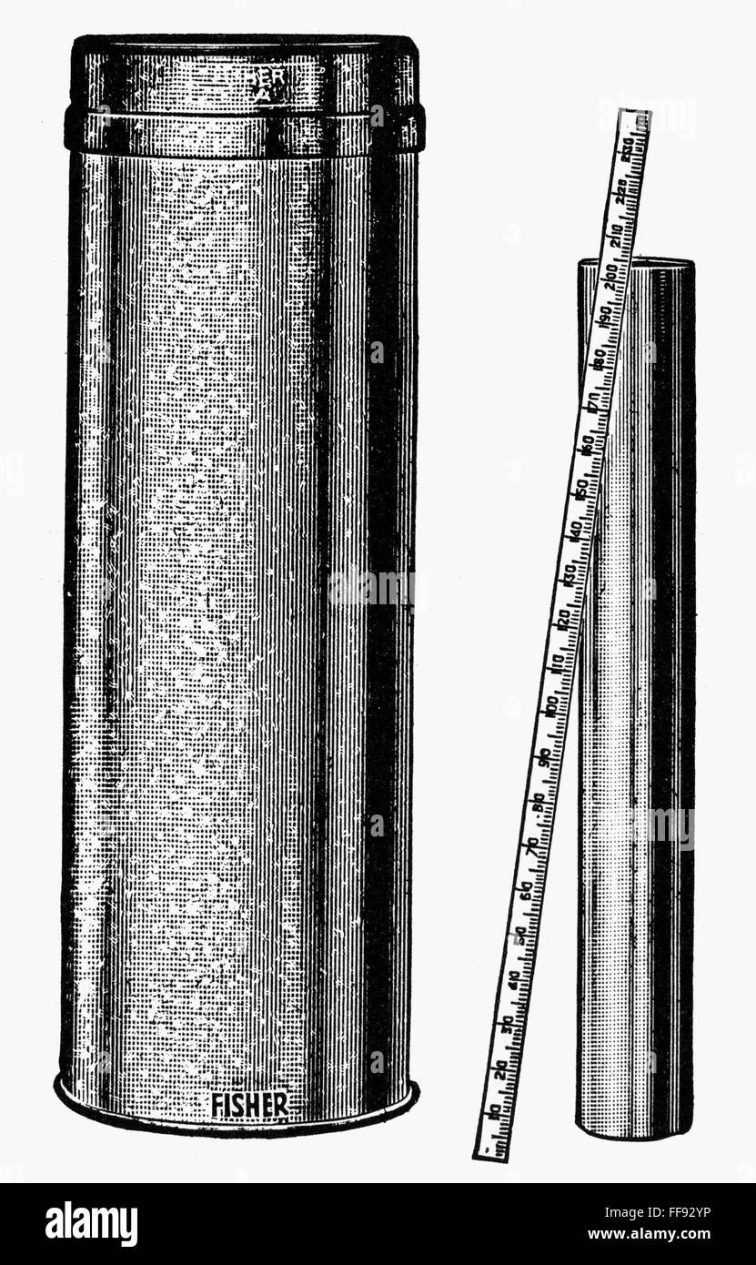 RAIN GAUGE, 20th CENTURY. /nRain gauge of galvanized metal, for the measurement of rainfall and snowfall. Line drawing, mid 20th century. Stock Photo