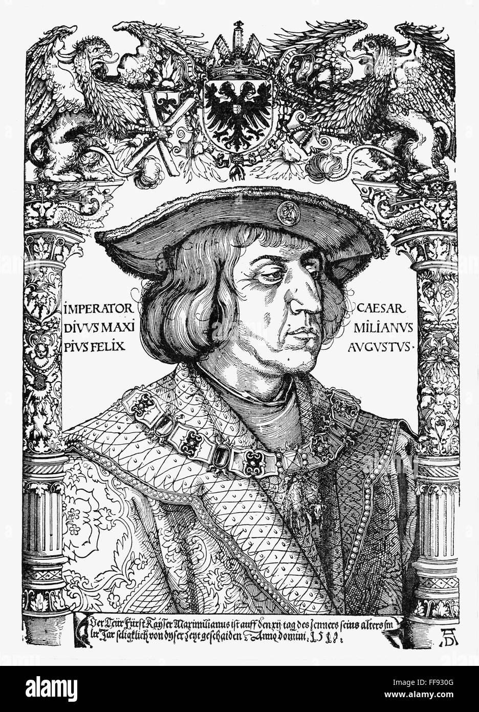 MAXIMILIAN I (1459-1519). /nHoly Roman Emperor, 1493-1519. Woodcut, 1519, by Albrecht Durer. Stock Photo